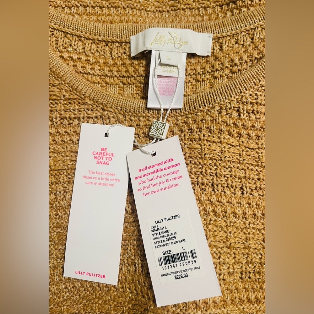 Lilly Pulitzer Rhysa Metallic Sweater Dress Bow Pockets Rattan Size L NWT - Picture 3 of 5